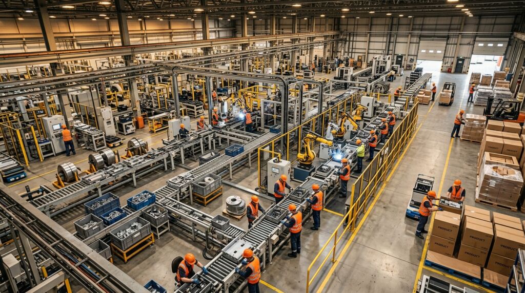 Foto ampla e com visão aérea de uma grande linha de produção industrial moderna e altamente automatizada. Dezenas de operários vestindo uniformes escuros com coletes refletivos e capacetes de segurança na cor laranja estão distribuídos ao longo de várias esteiras transportadoras paralelas. Entre os trabalhadores, há braços robóticos industriais amarelos em atividade, alguns emitindo pontos de luz brilhante semelhantes a faíscas de solda. No chão de fábrica, há caixas plásticas organizadoras (azuis e cinzas) cheias de componentes metálicos. À direita, grandes caixas de papelão com a palavra "PRODUCT" impressa estão empilhadas ordenadamente em paletes de madeira, próximas a empilhadeiras.
