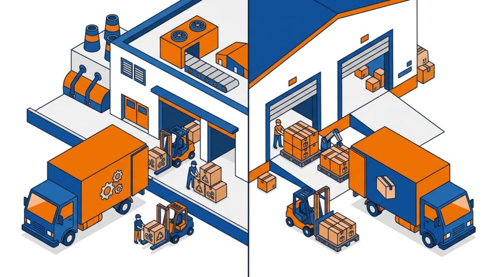 Ilustração vetorial em perspectiva isométrica com estilo de desenho limpo e paleta de cores focada em tons de azul, laranja, branco e cinza. A imagem é dividida ao meio por uma linha vertical: Lado esquerdo (Produção): Mostra a fachada de uma fábrica com chaminés e dutos de exaustão. Na área de carga, operários e uma empilhadeira azul colocam caixas de papelão (com ícones de engrenagens) dentro de um caminhão de carga azul com baú laranja. Lado direito (Distribuição): Mostra um galpão de armazenamento com grandes portas de enrolar abertas. Operários utilizam empilhadeiras para manusear e descarregar paletes cheios de caixas de papelão, enquanto outro caminhão azul e laranja idêntico está estacionado na doca de expedição.