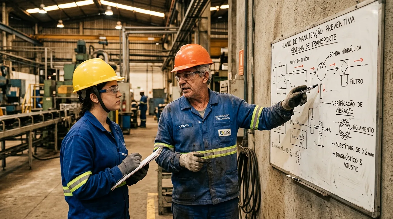 Foto em plano médio de dois profissionais debatendo em frente a um quadro branco no chão de fábrica. À direita, um operador sênior chamado Carlos (com a inscrição "CARLOS - MANUTENÇÃO" no uniforme azul com marcas de graxa) e capacete laranja usa uma caneta preta para explicar um fluxograma técnico. À esquerda, uma jovem técnica de capacete amarelo e uniforme azul escuta atentamente enquanto faz anotações em um bloco de papel. O quadro branco exibe o título "PLANO DE MANUTENÇÃO PREVENTIVA - SISTEMA DE TRANSPORTE" com um diagrama esquemático desenhado à mão que inclui uma "BOMBA HIDRÁULICA", "FILTRO" e tópicos escritos como "VERIFICAÇÃO DE VIBRAÇÃO" e "SUBSTITUIR SE > 2mm". O fundo mostra o ambiente fabril iluminado.