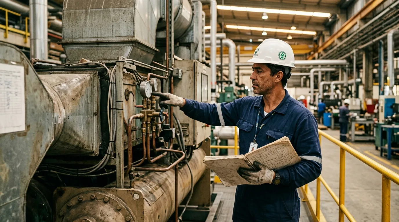 Foto em plano médio de um mecânico de perfil, com aparência madura, realizando uma inspeção manual clássica em uma fábrica. Ele veste macacão azul-escuro com tiras refletivas, crachá no peito e um capacete de proteção branco com um selo verde. Com uma das mãos usando luva de proteção, ele aponta para um manômetro (medidor de pressão analógico) de uma grande máquina industrial cinza com tubulações de cobre. Com a outra mão, ele segura um caderno espiral antigo e desgastado, cheio de anotações manuais em papel. Ao fundo, o amplo galpão industrial exibe telhado alto, estruturas metálicas, corrimãos de segurança amarelos e outros funcionários distantes.