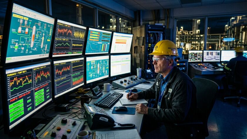Foto em plano médio de um operador de sistemas em uma sala de controle industrial escura e altamente tecnológica. O homem, de perfil e voltado para a esquerda, usa óculos, camisa azul sob uma jaqueta escura e um capacete de proteção amarelo com a inscrição "INDUSTRIAL MFL". Ele está sentado em uma mesa cheia de equipamentos, incluindo um teclado, mouse, telefone de mesa e um painel de controle analógico com botões, segurando uma caneta enquanto analisa atentamente um grande painel de monitores.Painel de Monitores: À sua frente, há pelo menos seis telas acesas exibindo dados operacionais complexos em tempo real: gráficos de ondas (ondas amarelas, vermelhas e verdes), diagramas de tubulações tridimensionais de uma planta química, e alertas em caixas verdes e vermelhas com textos como "FURNACE 1 TEMP 885°C" e "PUMP B - HIGH VIB ALERT". Segundo plano: Ao fundo, através de uma grande janela de vidro, observa-se o complexo de uma refinaria ou fábrica iluminada à noite. À direita, outro operador trabalha ao fundo diante de suas próprias telas.