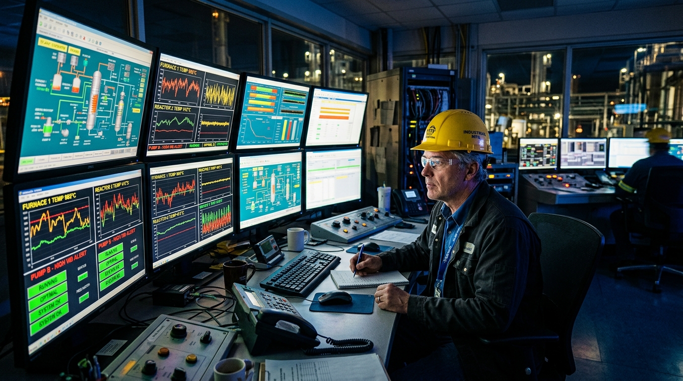 Foto em plano médio de um operador de sistemas em uma sala de controle industrial escura e altamente tecnológica. O homem, de perfil e voltado para a esquerda, usa óculos, camisa azul sob uma jaqueta escura e um capacete de proteção amarelo com a inscrição "INDUSTRIAL MFL". Ele está sentado em uma mesa cheia de equipamentos, incluindo um teclado, mouse, telefone de mesa e um painel de controle analógico com botões, segurando uma caneta enquanto analisa atentamente um grande painel de monitores.Painel de Monitores: À sua frente, há pelo menos seis telas acesas exibindo dados operacionais complexos em tempo real: gráficos de ondas (ondas amarelas, vermelhas e verdes), diagramas de tubulações tridimensionais de uma planta química, e alertas em caixas verdes e vermelhas com textos como "FURNACE 1 TEMP 885°C" e "PUMP B - HIGH VIB ALERT". Segundo plano: Ao fundo, através de uma grande janela de vidro, observa-se o complexo de uma refinaria ou fábrica iluminada à noite. À direita, outro operador trabalha ao fundo diante de suas próprias telas.