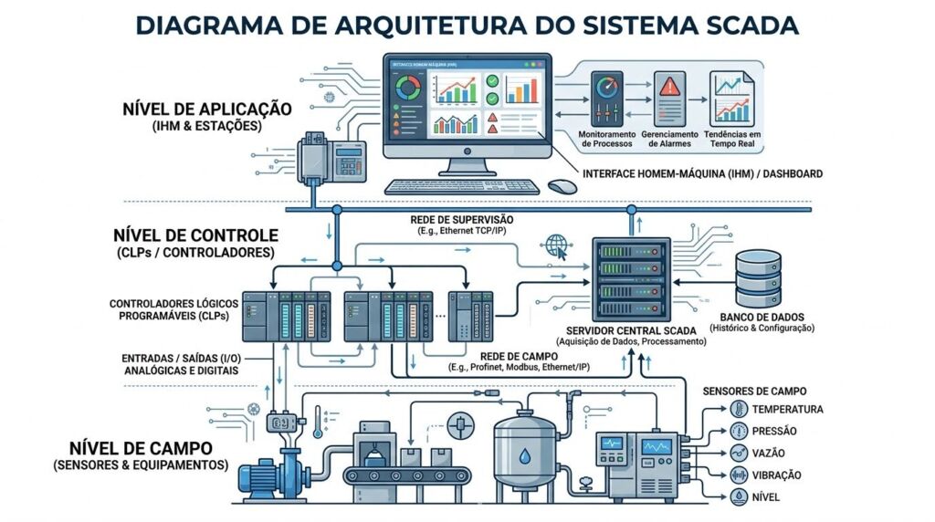 Diagrama técnico e ilustrado intitulado "DIAGRAMA DE ARQUITETURA DO SISTEMA SCADA", organizado hierarquicamente de cima para baixo em três níveis de automação industrial, conectados por linhas de comunicação de rede azuis: NÍVEL DE APLICAÇÃO (IHM & ESTAÇÕES): No topo, mostra um computador desktop exibindo um painel de controle colorido com gráficos de pizza e barras, rotulado como "INTERFACE HOMEM-MÁQUINA (IHM) / DASHBOARD". Linhas conectam este monitor a três ícones explicativos: "Monitoramento de Processos", "Gerenciamento de Alarmes" e "Tendências em Tempo Real". NÍVEL DE CONTROLE (CLPs / CONTROLADORES): No centro, conectado pela "REDE DE SUPERVISÃO (E.g., Ethernet TCP/IP)", exibe vários módulos de "CONTROLADORES LÓGICOS PROGRAMÁVEIS (CLPs)" com suas respectivas "ENTRADAS / SAÍDAS (I/O) ANALÓGICAS E DIGITAIS". À direita, este nível se conecta a um "SERVIDOR CENTRAL SCADA" e a cilindros que representam um "BANCO DE DADOS (Histórico & Configuração)". NÍVEL DE CAMPO (SENSORES & EQUIPAMENTOS): Na base, interligado pela "REDE DE CAMPO (E.g., Profinet, Modbus, Ethernet/IP)", exibe ilustrações de maquinários físicos do chão de fábrica: uma motobomba hidráulica azul, uma esteira transportadora com caixas, um tanque de armazenamento cilíndrico e um maquinário com painel digital. À direita, uma lista detalha os "SENSORES DE CAMPO" utilizados: Temperatura, Pressão, Vazão, Vibração e Nível.