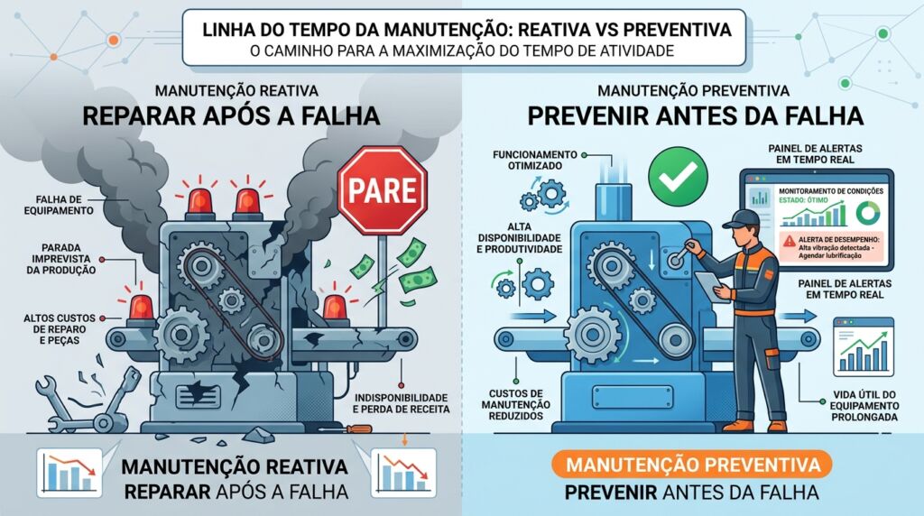 Infográfico comparativo e ilustrado dividido verticalmente ao meio, intitulado "LINHA DO TEMPO DA MANUTENÇÃO: REATIVA VS PREVENTIVA - O CAMINHO PARA A MAXIMIZAÇÃO DO TEMPO DE ATIVIDADE". Lado Esquerdo (Manutenção Reativa - REPARAR APÓS A FALHA): Ilustrado em tons de cinza com fumaça escura saindo de uma máquina cinza rachada e danificada, que exibe luzes de emergência vermelhas piscando e engrenagens quebradas. Notas de dinheiro voam para longe da máquina e uma chave inglesa quebrada jaz no chão. Há uma placa vermelha de "PARE" e marcadores apontando para problemas como "FALHA DE EQUIPAMENTO", "PARADA IMPREVISTA DA PRODUÇÃO", "ALTOS CUSTOS DE REPARO E PEÇAS" e "INDISPONIBILIDADE E PERDA DE RECEITA". Abaixo, há um gráfico com uma linha vermelha em queda livre. Lado Direito (Manutenção Preventiva - PREVENIR ANTES DA FALHA): Ilustrado em tons claros de azul e verde, mostrando uma máquina azul idêntica, mas limpa, operando perfeitamente sob um grande ícone de "check" verde. Um operador de boné e uniforme usa tranquilamente um tablet que mostra "MONITORAMENTO DE CONDIÇÕES - ESTADO: ÓTIMO" e um "PAINEL DE ALERTAS EM TEMPO REAL". Marcadores indicam benefícios como "FUNCIONAMENTO OTIMIZADO", "ALTA DISPONIBILIDADE E PRODUTIVIDADE", "CUSTOS DE MANUTENÇÃO REDUZIDOS" e "VIDA ÚTIL DO EQUIPAMENTO PROLONGADA". Abaixo, há um gráfico com uma linha azul estável e em crescimento.