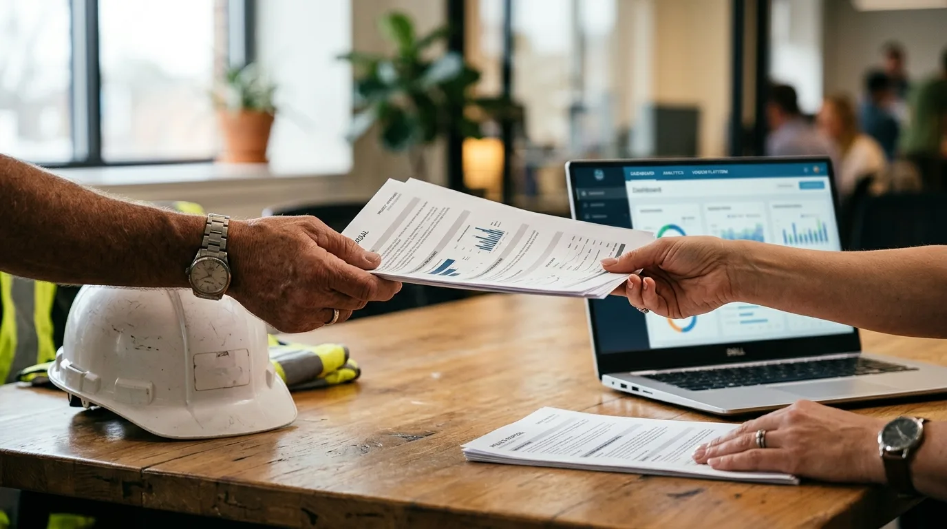 Foto em plano detalhado focando na transição entre o gerenciamento físico e o digital em um escritório técnico. Do lado esquerdo, o braço de um profissional de obras usando relógio entrega um relatório impresso com gráficos de barras. Sobre a mesa de madeira rústica, ao lado de seu braço, repousam um capacete de proteção branco com marcas de uso e um colete refletivo amarelo. Do lado direito, outra pessoa recebe os papéis com uma das mãos, enquanto a outra está apoiada sobre a mesa. Atrás de sua mão, um notebook aberto exibe um painel digital moderno com gráficos de pizza e linhas coloridas, contrapondo os dados digitais aos relatórios de papel.