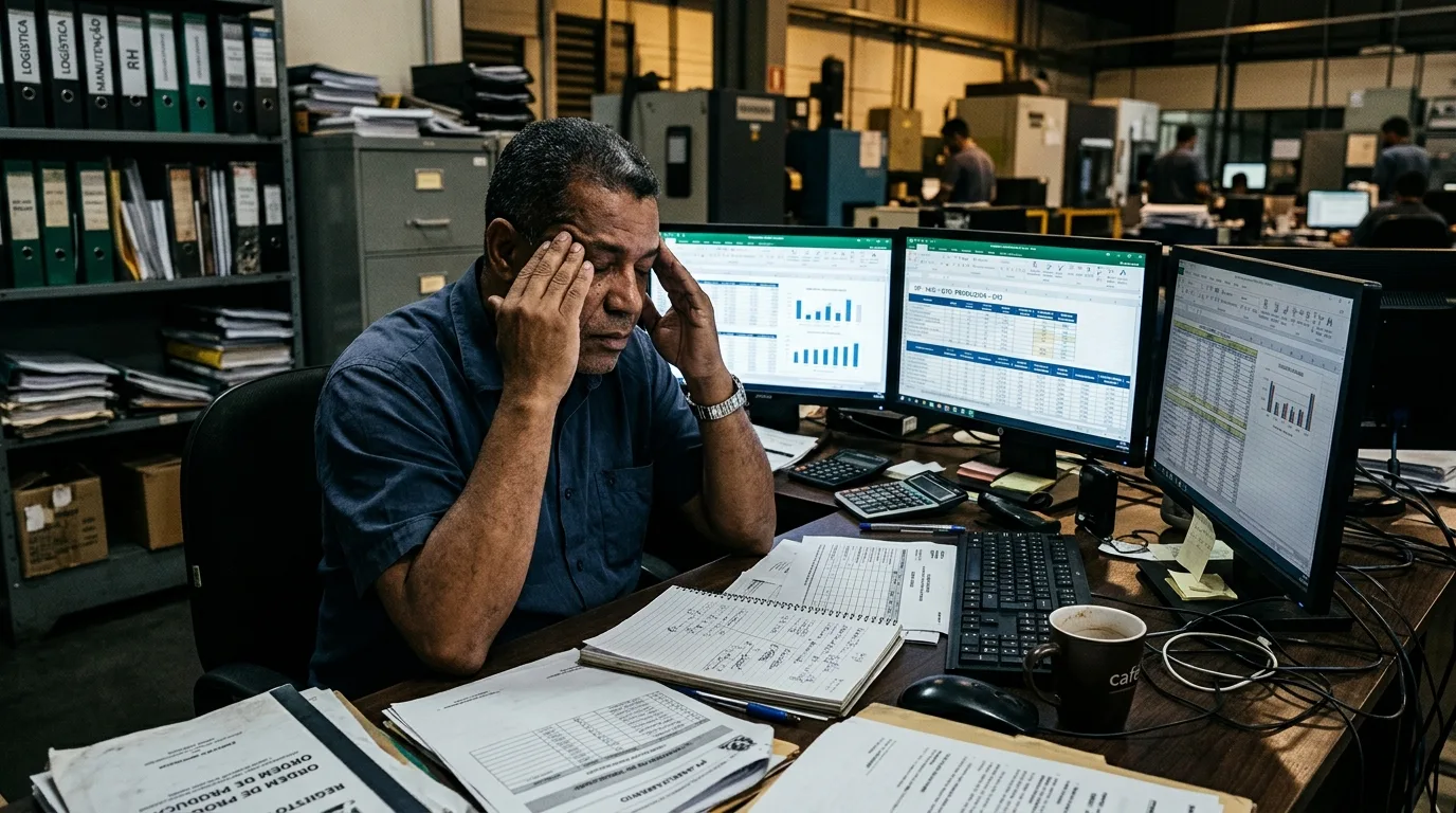 Foto em plano médio de um profissional ou gestor industrial de meia-idade expressando cansaço extremo e estresse de liderança. Ele está sentado em uma cadeira de escritório com os olhos fechados e as pontas dos dedos pressionando as têmporas, indicando dor de cabeça ou sobrecarga de trabalho. À sua frente, há três monitores de computador alinhados exibindo planilhas de dados complexas e gráficos de barras azuis no Excel. A mesa de madeira está sobrecarregada com pilhas de relatórios impressos, ordens de produção, cadernos abertos com anotações manuais, calculadora e uma caneca escura escrita "café". Ao fundo, à esquerda, vê-se um armário de aço com pastas organizadoras identificadas como "LOGÍSTICA", "MANUTENÇÃO" e "RH", e à direita o chão de fábrica com maquinários.