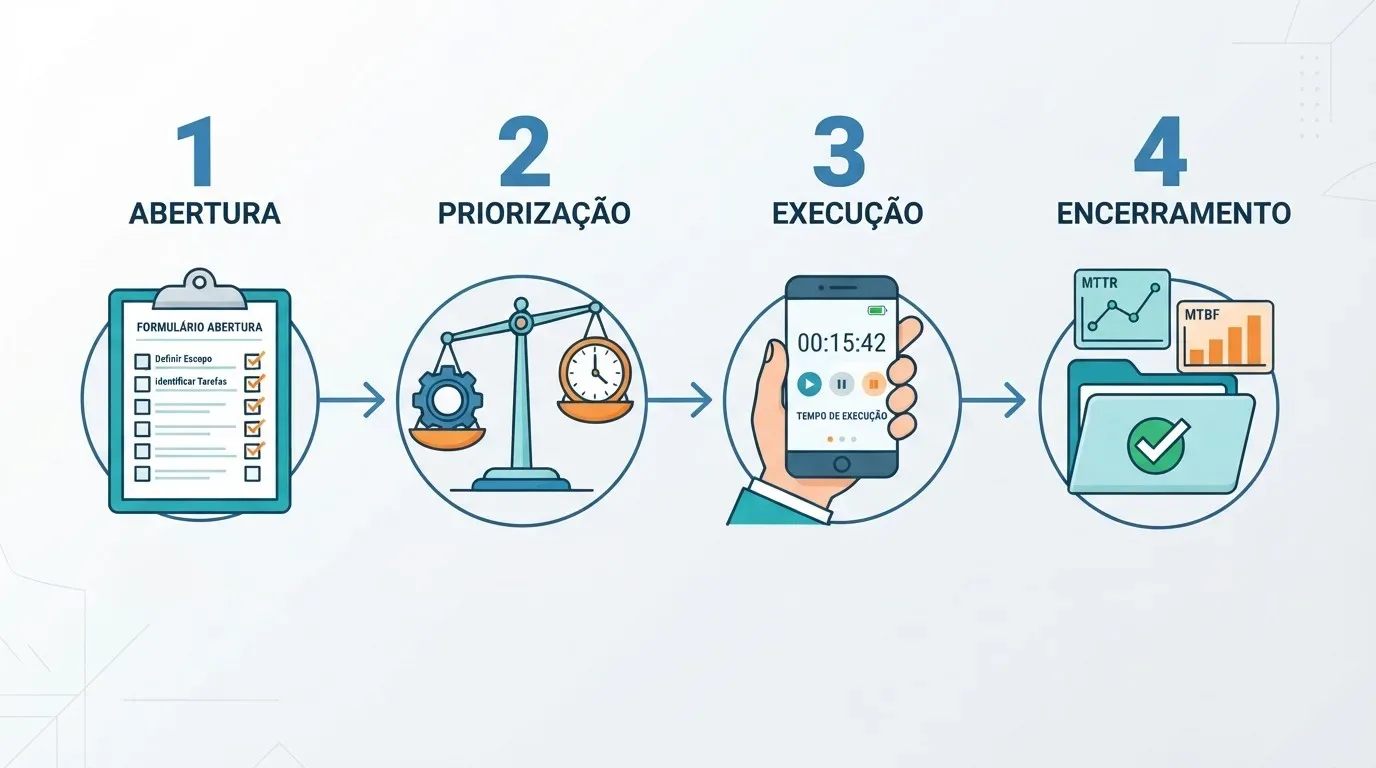 gestão de ordens de serviço: Infográfico explicativo em estilo vetor plano detalhando o fluxo de trabalho em quatro etapas horizontais numeradas, dispostas sobre um fundo cinza-claro:  1 ABERTURA: representado por uma prancheta azul com um documento intitulado "FORMULÁRIO ABERTURA" com caixas de seleção (checklists).  2 PRIORIZAÇÃO: ilustrado por uma balança de dois pratos equilibrando uma engrenagem azul de um lado e um relógio laranja do outro.  3 EXECUÇÃO: representado por uma mão segurando um smartphone que exibe um cronômetro digital marcando o tempo de execução da tarefa.  4 ENCERRAMENTO: ilustrado por uma pasta de arquivos verde com um grande símbolo de confirmação (check) verde-claro, acompanhado de pequenos gráficos de desempenho para os indicadores MTTR e MTBF.