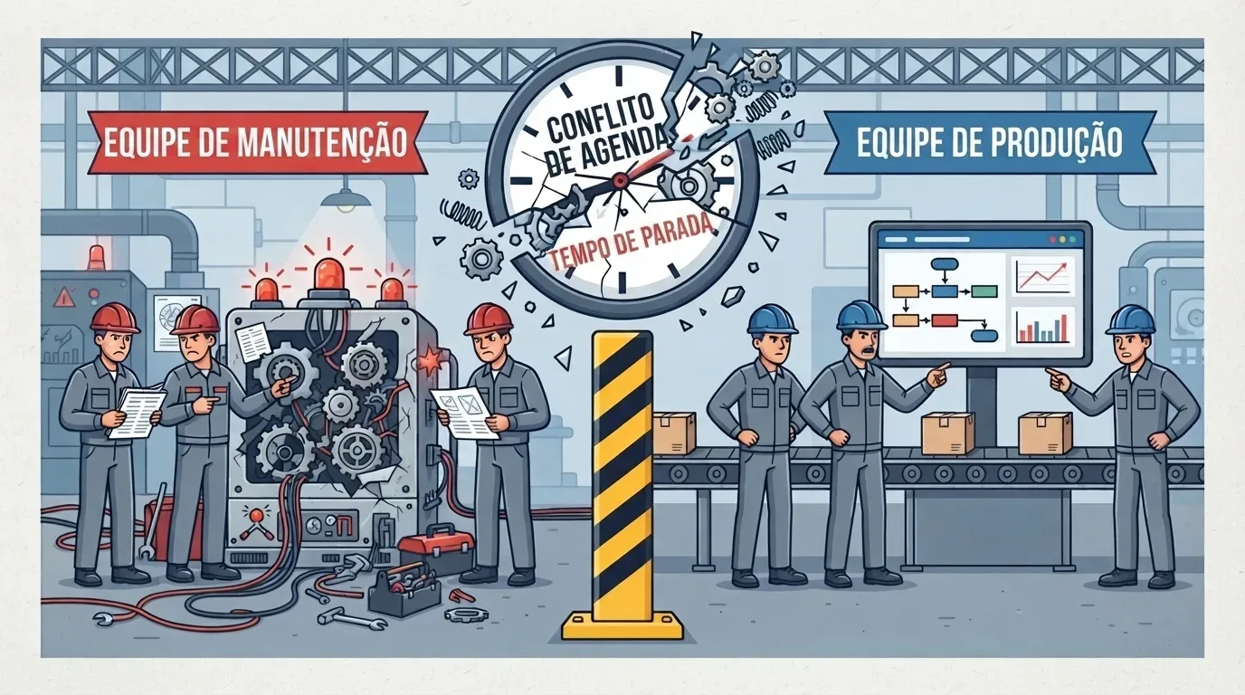 sistema de gestão integrado industrial: Ilustração colorida em estilo cartoon que exemplifica os desafios de comunicação em uma indústria. No centro, um grande relógio de parede está rachado e quebrando no topo, com engrenagens se soltando e as inscrições "CONFLITO DE AGENDA" e "TEMPO DE PARADA". À esquerda, sob a faixa vermelha "EQUIPE DE MANUTENÇÃO", três mecânicos de capacete vermelho tentam consertar um painel complexo com luzes de emergência acesas. À direita, sob a faixa azul "EQUIPE DE PRODUÇÃO", três operadores de capacete azul gesticulam com impaciência ao lado de uma esteira de caixas e de uma tela com gráficos de desempenho. Uma barreira listrada em amarelo e preto separa fisicamente os dois grupos.
