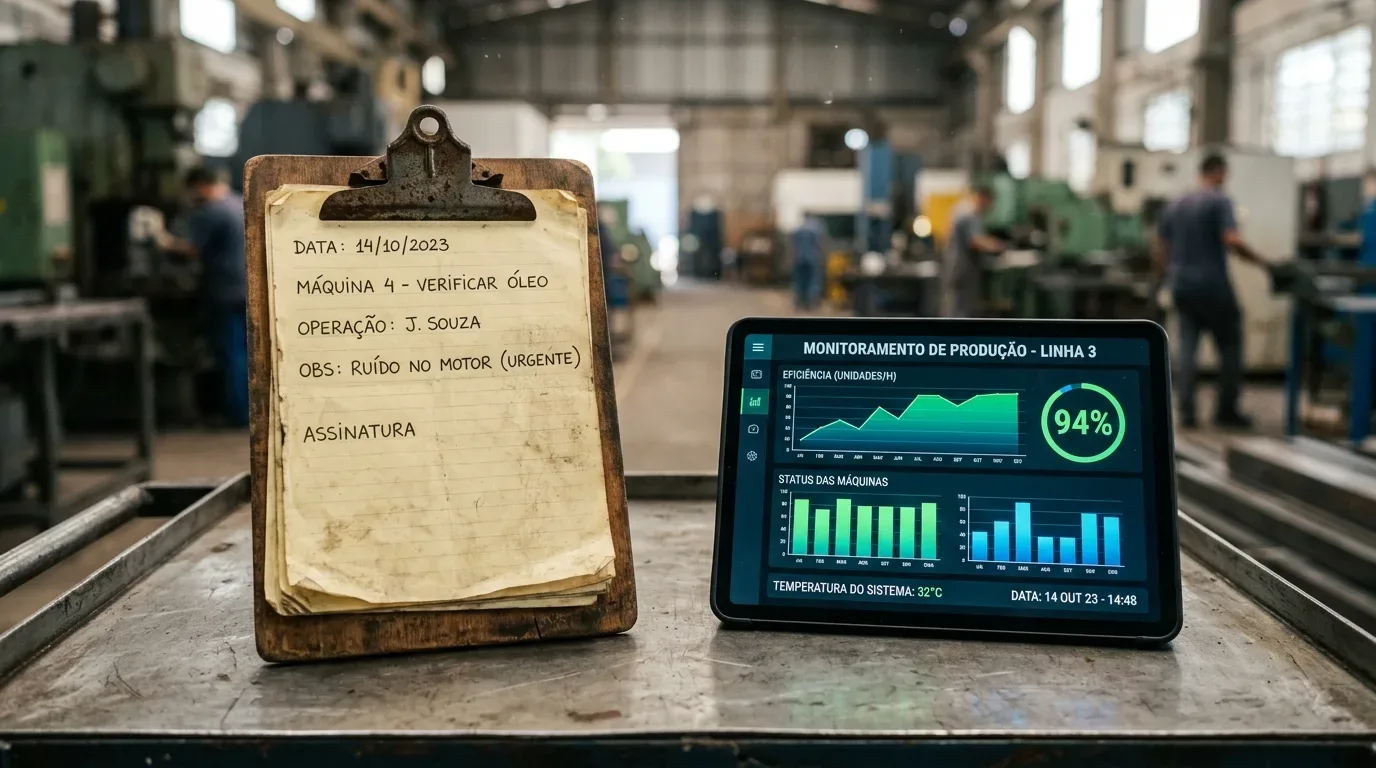 digitalização industrial: Fotografia em plano detalhado estabelecendo um contraste entre métodos de controle analógico e digital, dispostos sobre uma bancada de metal com o fundo de uma fábrica desfocado. À esquerda, há uma prancheta de madeira antiga e gasta com um papel amarelado contendo anotações manuscritas a caneta, destacando: "MÁQUINA 4 - VERIFICAR ÓLEO" e "OBS: RUÍDO NO MOTOR (URGENTE)". À direita, um tablet moderno exibe um painel digital intitulado "MONITORAMENTO DE PRODUÇÃO - LINHA 3", apresentando gráficos de desempenho brilhantes em verde e azul com o indicador de "94% de eficiência".