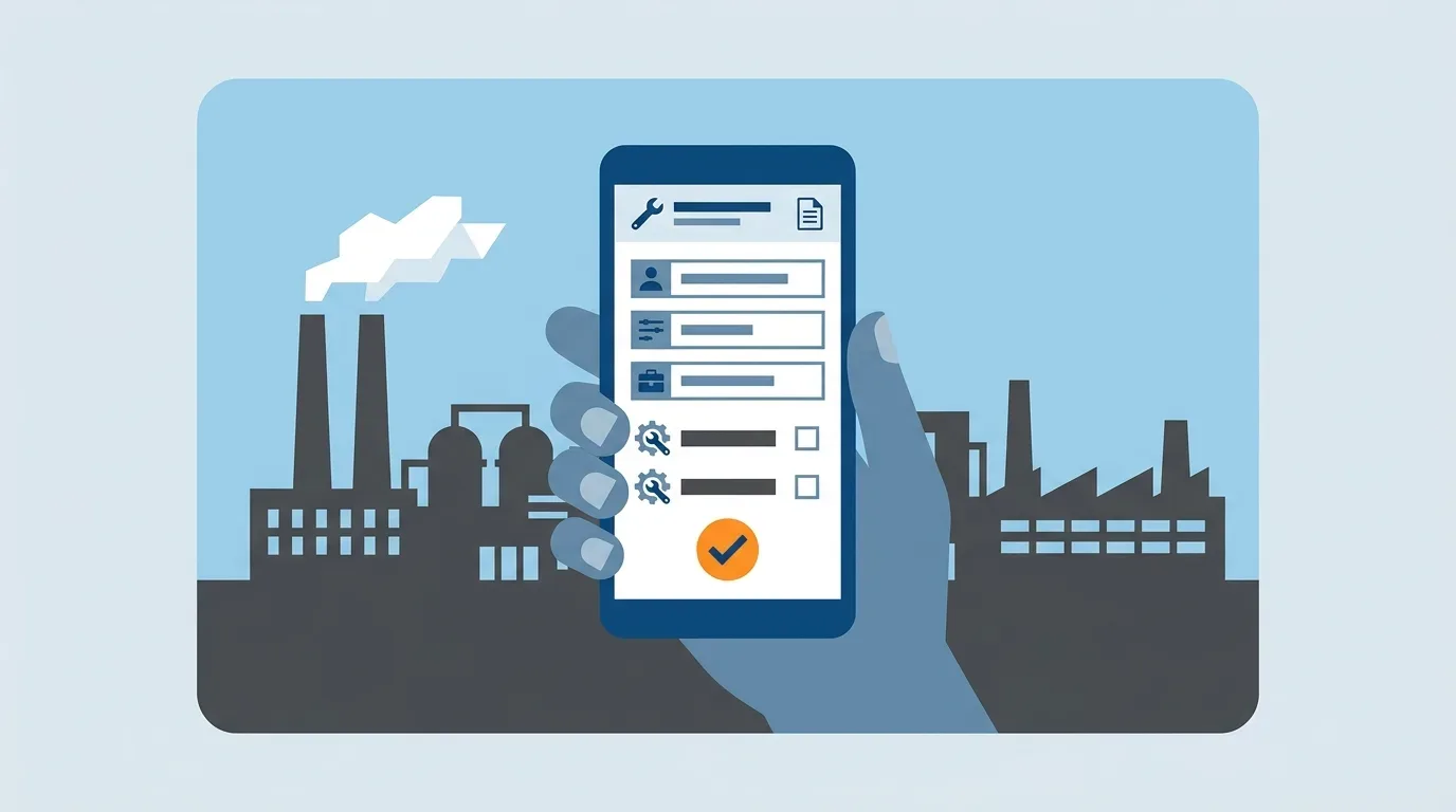 software de manutenção industrial: Ilustração vetorial plana em tons de azul e cinza de uma mão segurando um smartphone em primeiro plano. A tela do celular exibe a interface de um aplicativo de gerenciamento de tarefas ou ordens de serviço, mostrando campos de texto, ícones de engrenagem com chave de fenda e um botão circular laranja destacado com um símbolo de confirmação (check) no centro. Ao fundo, vê-se a silhueta cinza-escura de uma fábrica com chaminés emitindo fumaça estilizada sob um céu azul-claro.