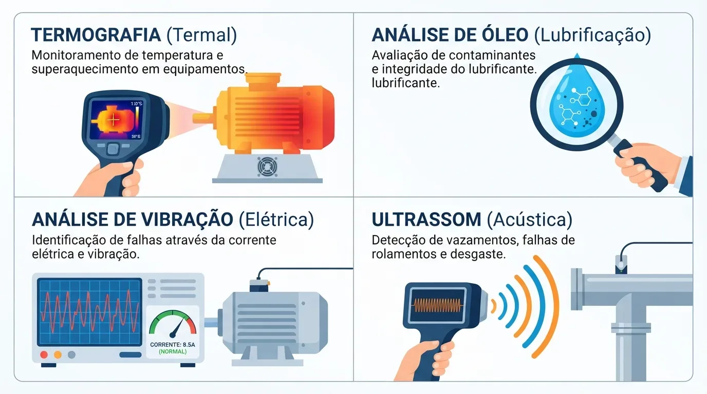 o que é manutenção preditiva: Infográfico explicativo dividido em quatro quadrantes coloridos sobre técnicas de manutenção preditiva: Superior esquerdo - Termografia (Termal): exibe uma câmera térmica sendo apontada para um motor elétrico para monitorar a temperatura e identificar pontos de superaquecimento. Superior direito - Análise de Óleo (Lubrificação): ilustra uma mão segurando uma lupa sobre uma gota de óleo azul contendo ícones de estruturas químicas, representando a avaliação de contaminantes. Inferior esquerdo - Análise de Vibração (Elétrica): mostra um osciloscópio com uma onda vermelha oscilante conectado a um motor, ao lado de um medidor de corrente apontando para a faixa verde (normal). Inferior direito - Ultrassom (Acústica): retrata um aparelho receptor captando ondas sonoras de frequência acústica (ondas azuis e laranjas) emitidas por um cano metálico para detecção de vazamentos.
