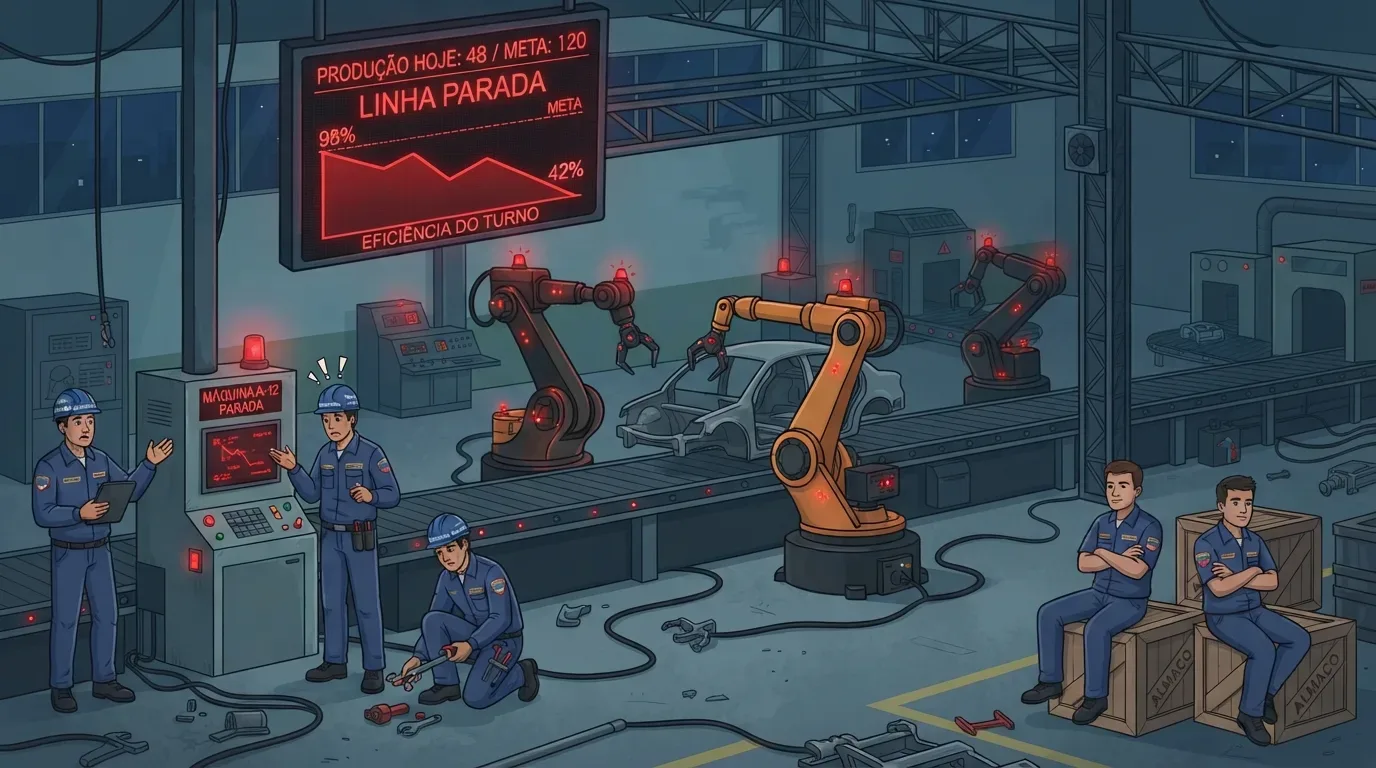KPIs de manutenção industrial: Ilustração digital em estilo desenho animado 2D de uma fábrica de automóveis paralisada por problemas técnicos. No topo, um grande painel digital vermelho exibe em destaque o texto "LINHA PARADA" e um gráfico de eficiência caindo drasticamente de 98% para 42%. No centro da linha, braços robóticos ao redor do chassi de um carro estão travados com luzes vermelhas piscando. Cinco operários de uniforme azul expressam preocupação e tédio: um analisa um painel que indica "MÁQUINA A-12 PARADA", outro tenta realizar o conserto com uma ferramenta no chão, e dois aguardam sentados de braços cruzados sobre caixas de madeira.