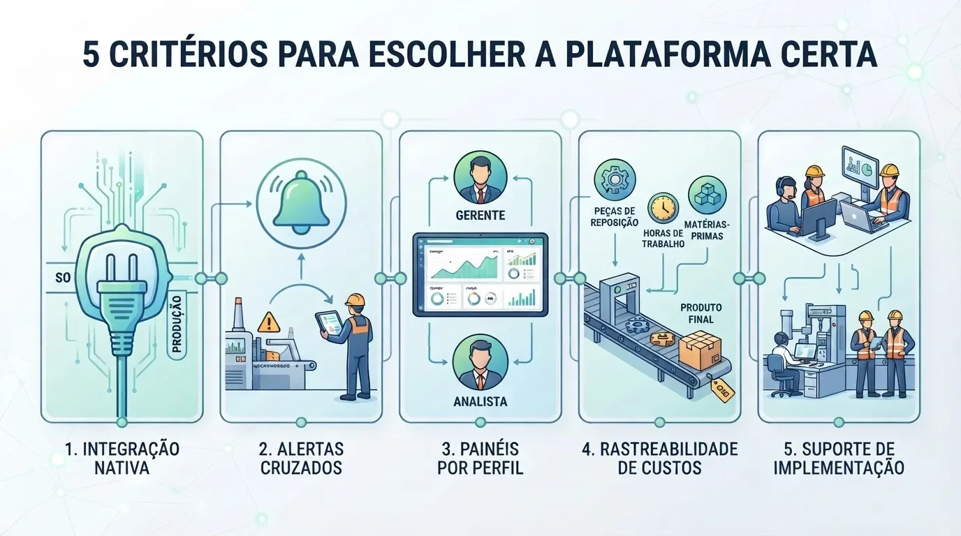 sistema de gestão integrado industrial: Infográfico explicativo em estilo vetor plano intitulado "5 CRITÉRIOS PARA ESCOLHER A PLATAFORMA CERTA". O fluxo visual é dividido em cinco painéis verticais e numerados: 1. Integração Nativa: representado por um plugue elétrico verde conectando as áreas de sistemas e produção. 2. Alertas Cruzados: mostrando um operador com um tablet analisando uma falha de máquina sob um ícone de sino de notificação. 3. Painéis por Perfil: exibindo um tablet com gráficos de desempenho que direciona dados personalizados para os perfis de "Gerente" e "Analista". 4. Rastreabilidade de Custos: ilustrando uma esteira com o produto final e ícones flutuantes de peças de reposição, horas de trabalho e matérias-primas. 5. Suporte de Implementação: mostrando equipes de tecnologia e consultores de colete trabalhando em computadores e acompanhando a operação na fábrica.