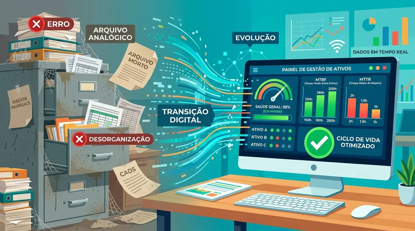 gestão de ativos industriais: Ilustração digital conceitual representando a modernização de processos. À esquerda, um arquivo de metal antigo, cinza e com teias de aranha simboliza o "ARQUIVO ANALÓGICO", cercado por papéis bagunçados e etiquetas vermelhas de "ERRO", "DESORGANIZAÇÃO" e "CAOS". Feixes de luz digitais coloridos partem desse arquivo sob o texto "TRANSIÇÃO DIGITAL" e alimentam, à direita, um computador moderno que exibe o "PAINEL DE GESTÃO DE ATIVOS" com indicadores de MTBF, MTTR e o selo verde "CICLO DE VIDA OTIMIZADO".