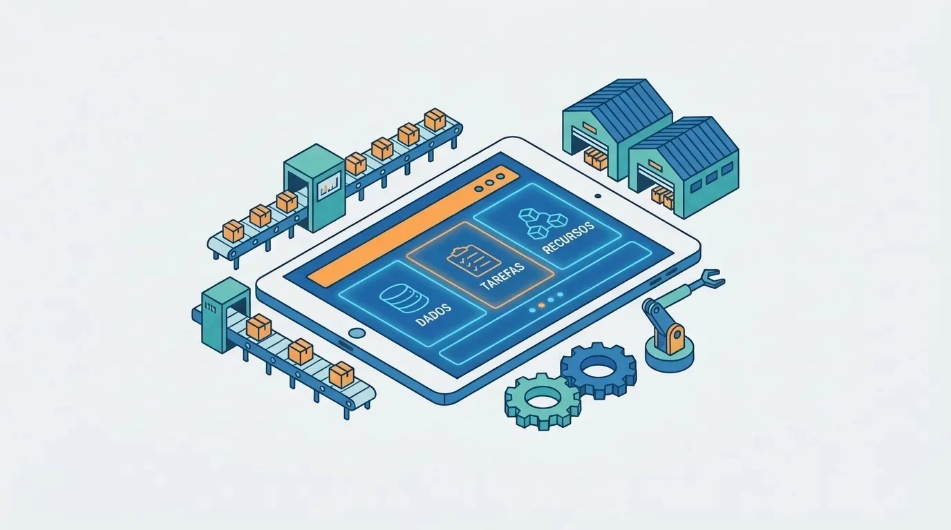 planejamento de produção industrial: Ilustração isométrica em estilo vetor plano detalhando um ecossistema de planejamento industrial integrado. No centro, um tablet digital exibe um painel azul e laranja com as seções "DADOS", "TAREFAS" e "RECURSOS". Ao redor do dispositivo, estão distribuídos elementos gráficos que simulam uma fábrica: duas esteiras com caixas de papelão, dois galpões azuis de armazenamento, engrenagens coloridas e um pequeno braço robótico articulado.