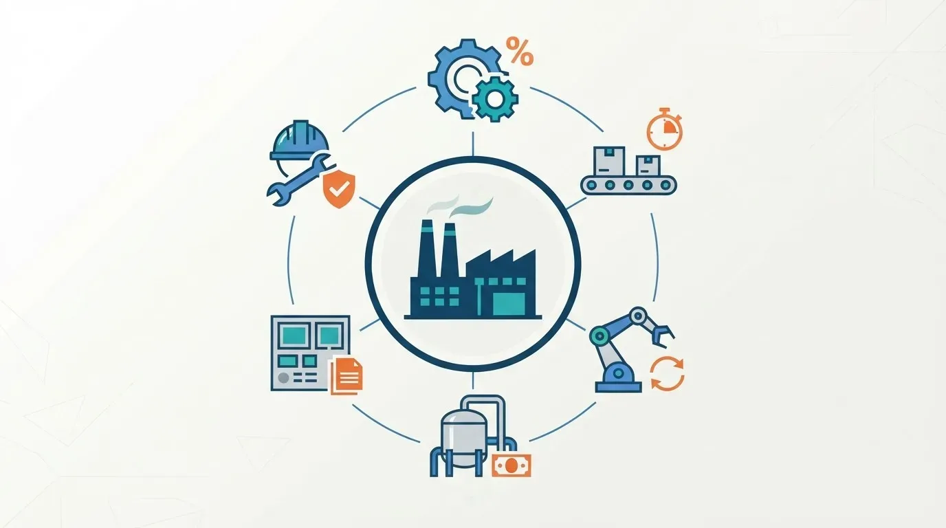 KPIs de manutenção industrial: Infográfico conceitual em estilo vetor plano e minimalista sobre fundo cinza-claro. No centro, um círculo exibe o ícone azul de uma fábrica com chaminés ativas. Ao redor, conectados por uma linha circular fina, estão dispostos seis ícones coloridos representando indicadores industriais: engrenagens com símbolo de porcentagem (eficiência), esteira de produção com cronômetro (tempo de ciclo), braço robótico com setas (automação), tanque de armazenamento com cédula de dinheiro (custos), painel eletrônico com relatório (dados) e um capacete com chave inglesa e escudo protetor (manutenção e segurança).