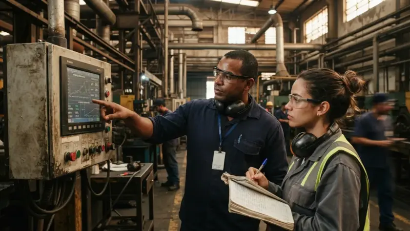 Fotografia em plano médio de dois profissionais em uma fábrica analisando dados em um painel de controle industrial de metal envelhecido. À esquerda, um homem negro de óculos de segurança e protetores auriculares no pescoço aponta com o dedo indicador para um gráfico linear exibido na tela brilhante do terminal. À direita, uma mulher de perfil, com cabelos presos em um coque e usando óculos de proteção, segura um caderno aberto com anotações manuais e uma caneta, observando atentamente a tela. O fundo revela um amplo galpão fabril com tubulações aéreas e outras máquinas de forma ligeiramente desfocada.