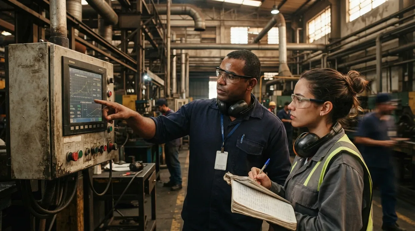 Fotografia em plano médio de dois profissionais em uma fábrica analisando dados em um painel de controle industrial de metal envelhecido. À esquerda, um homem negro de óculos de segurança e protetores auriculares no pescoço aponta com o dedo indicador para um gráfico linear exibido na tela brilhante do terminal. À direita, uma mulher de perfil, com cabelos presos em um coque e usando óculos de proteção, segura um caderno aberto com anotações manuais e uma caneta, observando atentamente a tela. O fundo revela um amplo galpão fabril com tubulações aéreas e outras máquinas de forma ligeiramente desfocada.