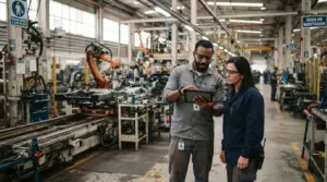 Fotografia realista em plano médio mostrando dois profissionais colaborando em um ambiente industrial ativo. No centro, um homem negro com óculos de segurança e camisa cinza segura um tablet robusto e aponta para a tela, explicando dados. Ao lado dele, uma mulher de óculos de proteção e jaqueta azul-escura acompanha a explicação atentamente. Ao fundo desfocado, vê-se o galpão de uma linha de montagem automotiva com braços robóticos laranjas e uma placa de sinalização azul onde se lê "ÁREA DE MONTAGEM".