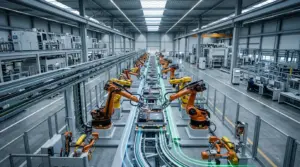 Ângulo aberto e perspectiva elevada mostrando o interior de um galpão industrial futurista e extremamente limpo. Duas fileiras paralelas de braços robóticos articulados nas cores laranja e amarelo trabalham em perfeita simetria montando componentes em uma esteira de produção centralizada. Linhas brilhantes de luz neon azul e verde correm ao longo dos trilhos no chão, simbolizando o fluxo de dados e energia. Ao fundo, veem-se estruturas de aço da fábrica e, à direita, um operador monitora os processos sentado em uma cabine de controle com computadores.