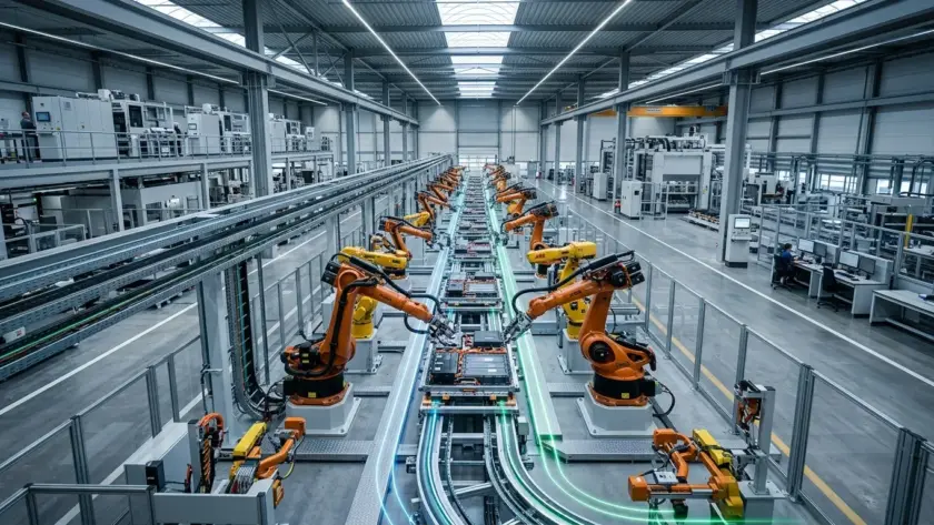 Ângulo aberto e perspectiva elevada mostrando o interior de um galpão industrial futurista e extremamente limpo. Duas fileiras paralelas de braços robóticos articulados nas cores laranja e amarelo trabalham em perfeita simetria montando componentes em uma esteira de produção centralizada. Linhas brilhantes de luz neon azul e verde correm ao longo dos trilhos no chão, simbolizando o fluxo de dados e energia. Ao fundo, veem-se estruturas de aço da fábrica e, à direita, um operador monitora os processos sentado em uma cabine de controle com computadores.