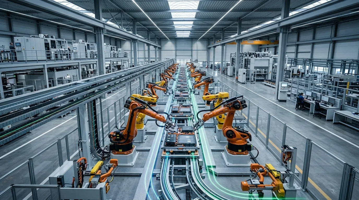 Ângulo aberto e perspectiva elevada mostrando o interior de um galpão industrial futurista e extremamente limpo. Duas fileiras paralelas de braços robóticos articulados nas cores laranja e amarelo trabalham em perfeita simetria montando componentes em uma esteira de produção centralizada. Linhas brilhantes de luz neon azul e verde correm ao longo dos trilhos no chão, simbolizando o fluxo de dados e energia. Ao fundo, veem-se estruturas de aço da fábrica e, à direita, um operador monitora os processos sentado em uma cabine de controle com computadores.