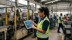 Fotografia realista em plano médio no interior de um amplo galpão industrial. Uma mulher de cabelos cacheados presos, vestindo óculos de segurança transparentes, camisa polo azul-marinho e colete de segurança amarelo refletivo, segura e interage com um tablet robusto. A tela do dispositivo mostra gráficos e indicadores de desempenho verdes. Ao fundo, fora de foco, outros operários com uniformes e equipamentos de proteção atuam na linha de produção perto de maquinários pesados.