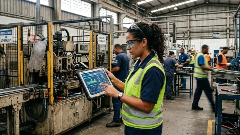 Fotografia realista em plano médio no interior de um amplo galpão industrial. Uma mulher de cabelos cacheados presos, vestindo óculos de segurança transparentes, camisa polo azul-marinho e colete de segurança amarelo refletivo, segura e interage com um tablet robusto. A tela do dispositivo mostra gráficos e indicadores de desempenho verdes. Ao fundo, fora de foco, outros operários com uniformes e equipamentos de proteção atuam na linha de produção perto de maquinários pesados.