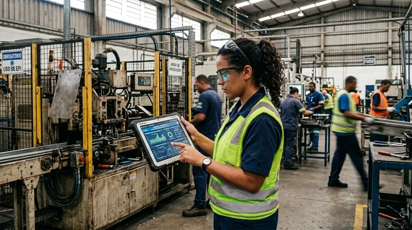 Fotografia realista em plano médio no interior de um amplo galpão industrial. Uma mulher de cabelos cacheados presos, vestindo óculos de segurança transparentes, camisa polo azul-marinho e colete de segurança amarelo refletivo, segura e interage com um tablet robusto. A tela do dispositivo mostra gráficos e indicadores de desempenho verdes. Ao fundo, fora de foco, outros operários com uniformes e equipamentos de proteção atuam na linha de produção perto de maquinários pesados.