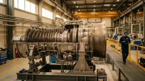 Plano médio de uma enorme turbina a gás industrial de metal detalhada, montada sobre uma estrutura de suporte no centro de um grande galpão fabril bem iluminado. À direita, um técnico usando capacete azul, óculos de proteção e uniforme escuro caminha por uma passarela elevada com corrimão amarelo enquanto analisa dados em um tablet.