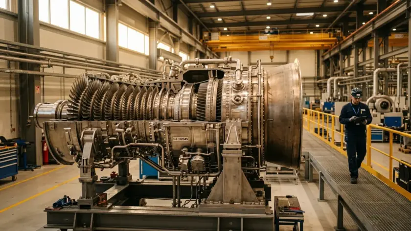 Plano médio de uma enorme turbina a gás industrial de metal detalhada, montada sobre uma estrutura de suporte no centro de um grande galpão fabril bem iluminado. À direita, um técnico usando capacete azul, óculos de proteção e uniforme escuro caminha por uma passarela elevada com corrimão amarelo enquanto analisa dados em um tablet.