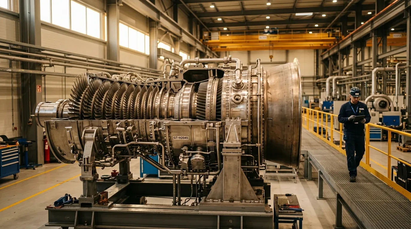 Plano médio de uma enorme turbina a gás industrial de metal detalhada, montada sobre uma estrutura de suporte no centro de um grande galpão fabril bem iluminado. À direita, um técnico usando capacete azul, óculos de proteção e uniforme escuro caminha por uma passarela elevada com corrimão amarelo enquanto analisa dados em um tablet.