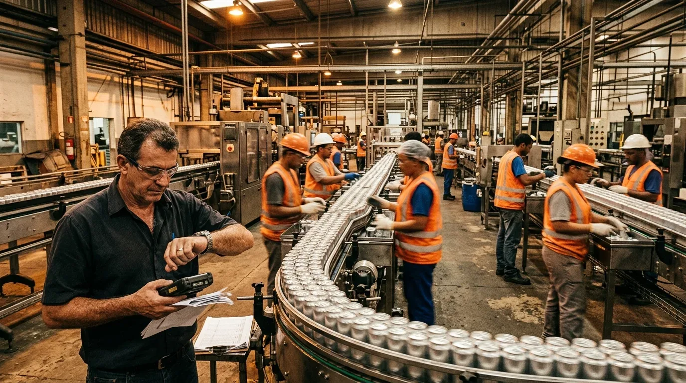 Plano médio de um supervisor em primeiro plano olhando para o seu relógio de pulso enquanto segura um leitor de código de barras e papéis com anotações. Ao fundo, uma grande esteira transportadora curva movimenta centenas de latas de alumínio prateadas. Diversos operários usando coletes laranjas refletivos, óculos de segurança e capacetes trabalham de forma coordenada ao longo da linha de montagem, dentro de um amplo galpão industrial com iluminação suspensa.