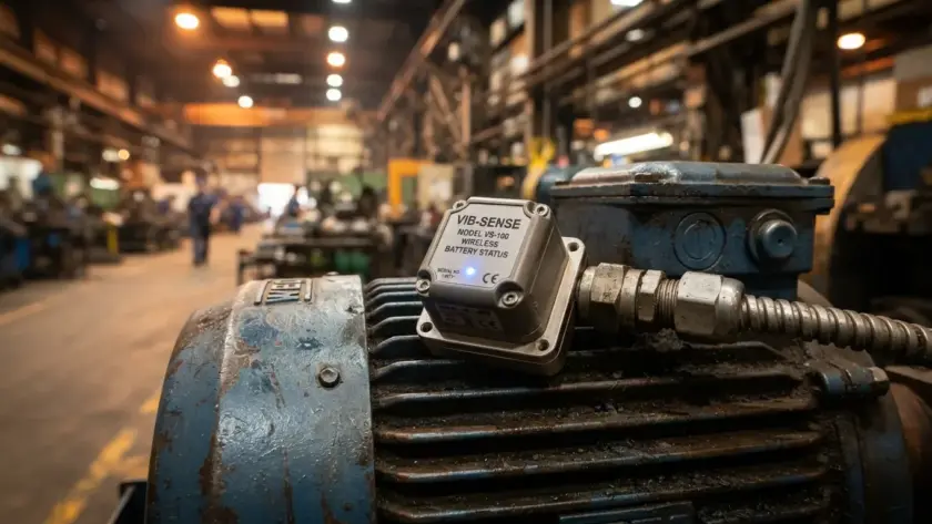 Fotografia em close-up focando em um sensor cinza quadrado de monitoramento de vibração instalado sobre a carcaça aletada de um motor elétrico azul-escuro desgastado. O dispositivo possui um cabo de metal flexível conectado e uma etiqueta frontal onde se lê "VIB-SENSE MODEL VS-100 WIRELESS", com uma pequena luz LED azul brilhando no centro. O fundo da imagem revela o corredor de um galpão industrial amplo com iluminação amarelada de forma bastante desfocada.