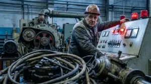 Fotografia realista em plano médio de um experiente operador industrial de semblante sério, vestindo capacete de proteção marrom e jaqueta azul de trabalho. Ele está apoiado em um painel de controle analógico vintage repleto de botões, chaves seletoras e medidores, onde duas luzes vermelhas de emergência estão acesas no topo. Em primeiro plano, cabos e mangueiras escuras aparecem desfocados, enquanto o fundo revela grandes maquinários pesados com engrenagens expostas.
