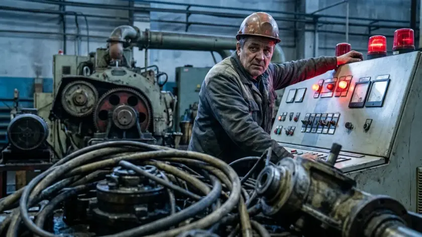 Fotografia realista em plano médio de um experiente operador industrial de semblante sério, vestindo capacete de proteção marrom e jaqueta azul de trabalho. Ele está apoiado em um painel de controle analógico vintage repleto de botões, chaves seletoras e medidores, onde duas luzes vermelhas de emergência estão acesas no topo. Em primeiro plano, cabos e mangueiras escuras aparecem desfocados, enquanto o fundo revela grandes maquinários pesados com engrenagens expostas.