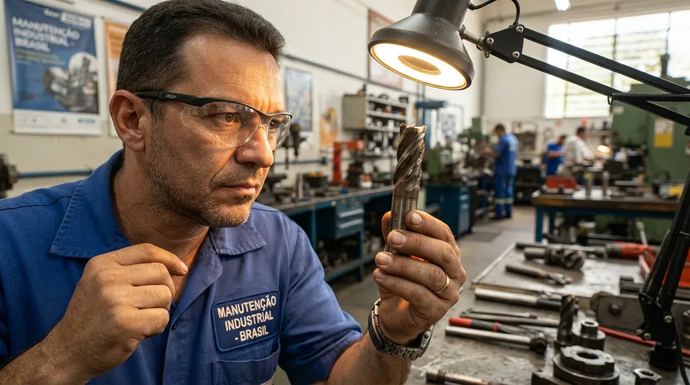 Fotografia em plano próximo de um técnico de óculos de proteção e uniforme com o bordado "MANUTENÇÃO INDUSTRIAL - BRASIL". Ele examina minuciosamente o desgaste das lâminas de uma ferramenta de usinagem sob a luz direcionada de uma luminária articulada em sua oficina mecânica.