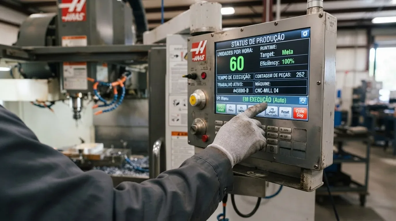 Uma visão em close-up de uma mão com luva cinza tocando a tela sensível ao toque de um painel de controle de máquina CNC Haas. A tela exibe o "STATUS DE PRODUÇÃO", mostrando métricas como "UNIDADES POR HORA: 60" e "Eficência: 100%". O fundo desfocado mostra uma oficina mecânica com mais equipamentos industriais.