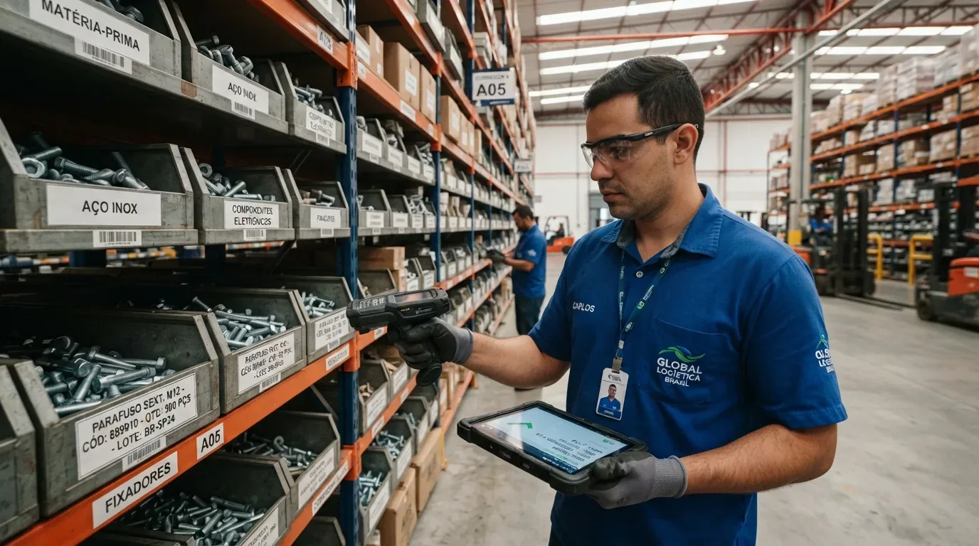 Um operador de óculos de proteção e luvas, vestindo camisa polo azul da "GLOBAL LOGÍSTICA BRASIL", utilizando um leitor de código de barras manual conectado a um tablet. Ele escaneia caixas organizadoras metálicas etiquetadas como "MATÉRIA-PRIMA", "AÇO INOX" e "PARAFUSO SEXT. M12" nas estantes de armazenamento do setor "FIXADORES A05".
