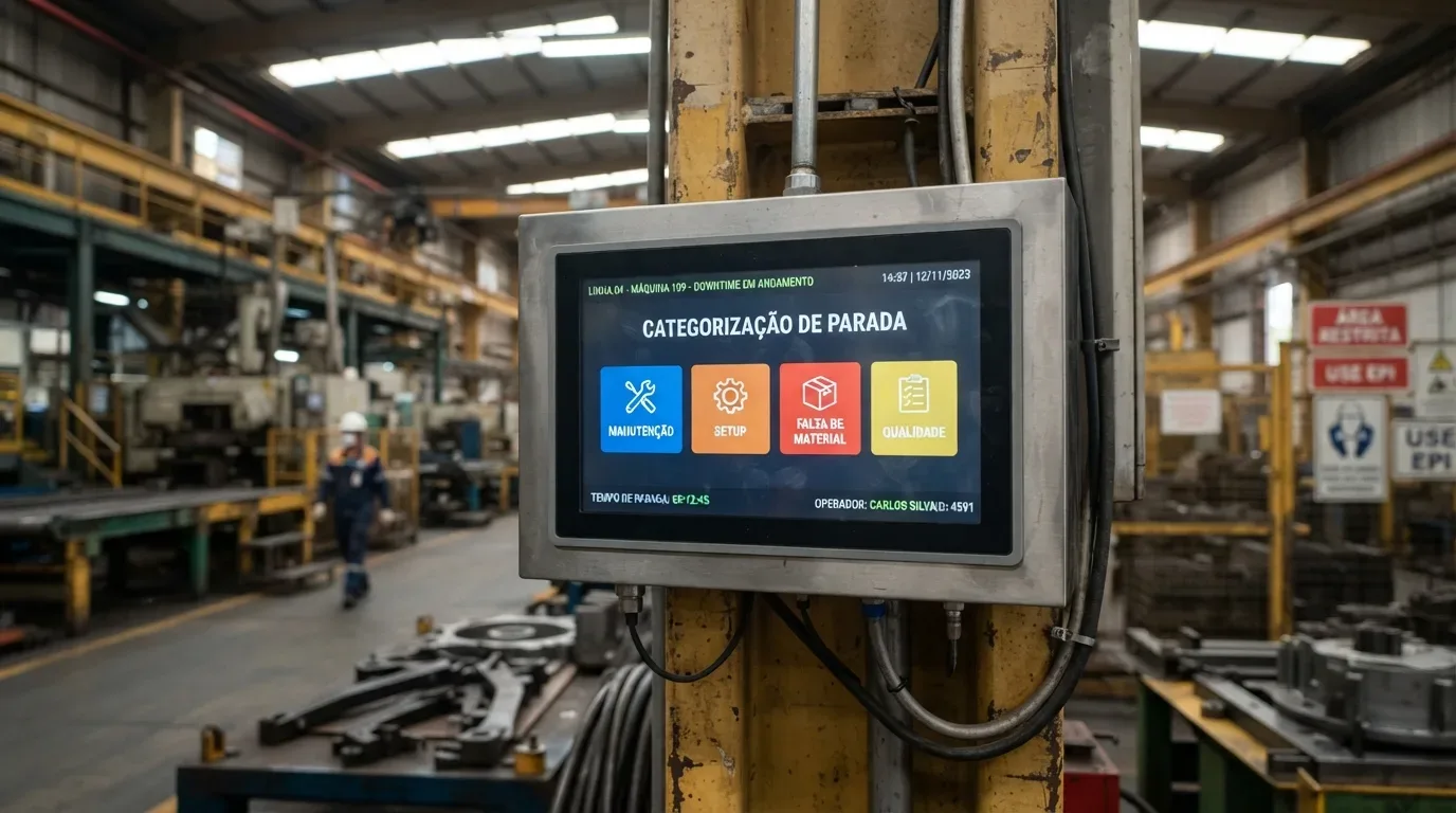 Fotografia em plano próximo de um terminal industrial touchscreen em caixa metálica de proteção. A tela exibe o menu de "CATEGORIZAÇÃO DE PARADA" para a linha de produção, com quatro botões de seleção rápida: MANUTENÇÃO (azul), SETUP (laranja), FALTA DE MATERIAL (vermelho) e QUALIDADE (amarelo), registrando parada em andamento na máquina 109.