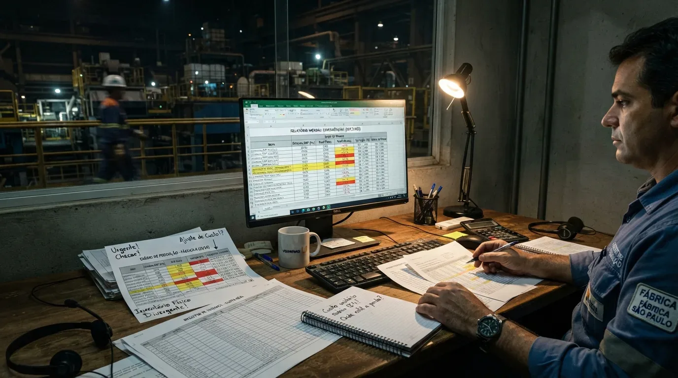 Um analista em uma estação de trabalho com vista envidraçada para o chão de fábrica ao fundo. Ele analisa uma planilha no monitor e confere relatórios impressos com marcações à mão como "Urgente! Checar!", "Ajuste de Custo!?" e "Inventário Físico Divergente!". A mesa conta com luminária articulada, calculadora, bloco de anotações, fone de ouvido e caneca.