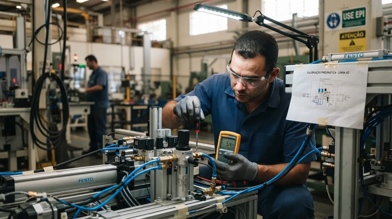 Um técnico de óculos de proteção e luvas realizando a calibração de um sistema pneumático da marca FESTO. Ele utiliza uma chave de fenda e um multímetro digital sob a luz de uma luminária articulada, orientado pelo esquema técnico "CALIBRAÇÃO PNEUMÁTICA - LINHA A2". Ao fundo, vê-se a sinalização de segurança "USE EPI" no ambiente de oficina.