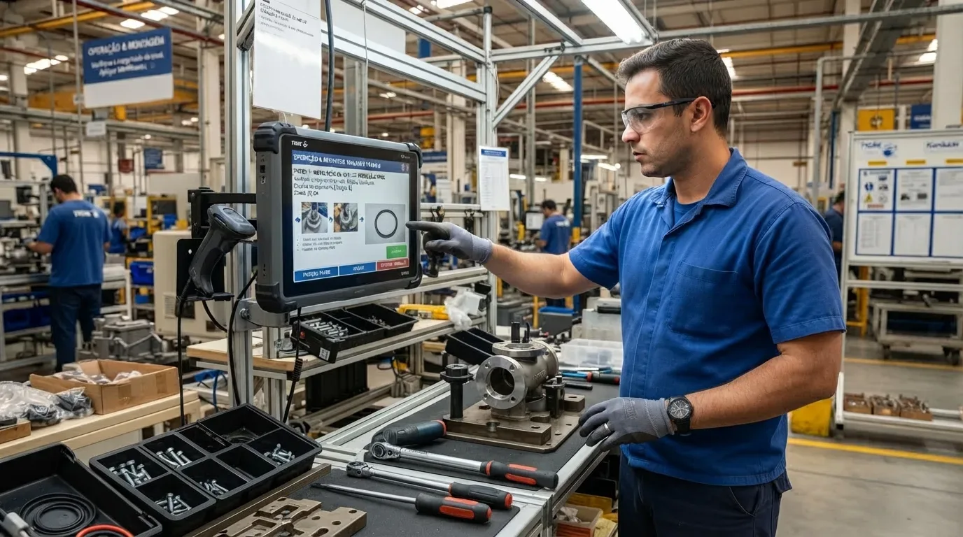 Um operador industrial de óculos de proteção e luvas de trabalho interagindo com um terminal digital em sua estação de montagem. Sobre a bancada, veem-se uma peça metálica usinada, chaves manuais de aperto, caixas organizadoras de componentes e um leitor de código de barras fixado ao suporte da tela, com a linha de produção da fábrica ao fundo.