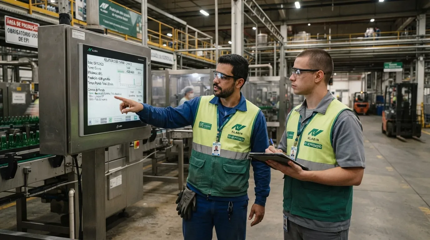 Dois trabalhadores de fábrica, vestindo coletes de segurança verdes com o logotipo "KLAGIN" e óculos de proteção, examinam dados de produção em um monitor industrial montado em uma máquina. O homem à esquerda aponta para a tela, enquanto o homem à direita segura um tablet e observa. O fundo mostra prateleiras de armazém altas com paletes e outros equipamentos de manufatura.