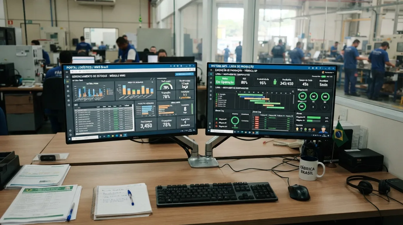 Uma estação de trabalho equipada com dois monitores que exibem sistemas industriais em tempo real. A tela da esquerda exibe o "PORTAL LOGÍSTICO / WMS Brasil - GERENCIAMENTO DE ESTOQUE" com gráficos de barras e indicadores numéricos; a tela da direita mostra o "SISTEMA MES - LINHA DE PRODUÇÃO" com métricas de eficiência e cronograma de etapas. Sobre a mesa de madeira, veem-se teclado, caderno de anotações, fone de ouvido, uma caneca gravada com "FÁBRICA BRASIL" e a vista do chão de fábrica através do vidro ao fundo.