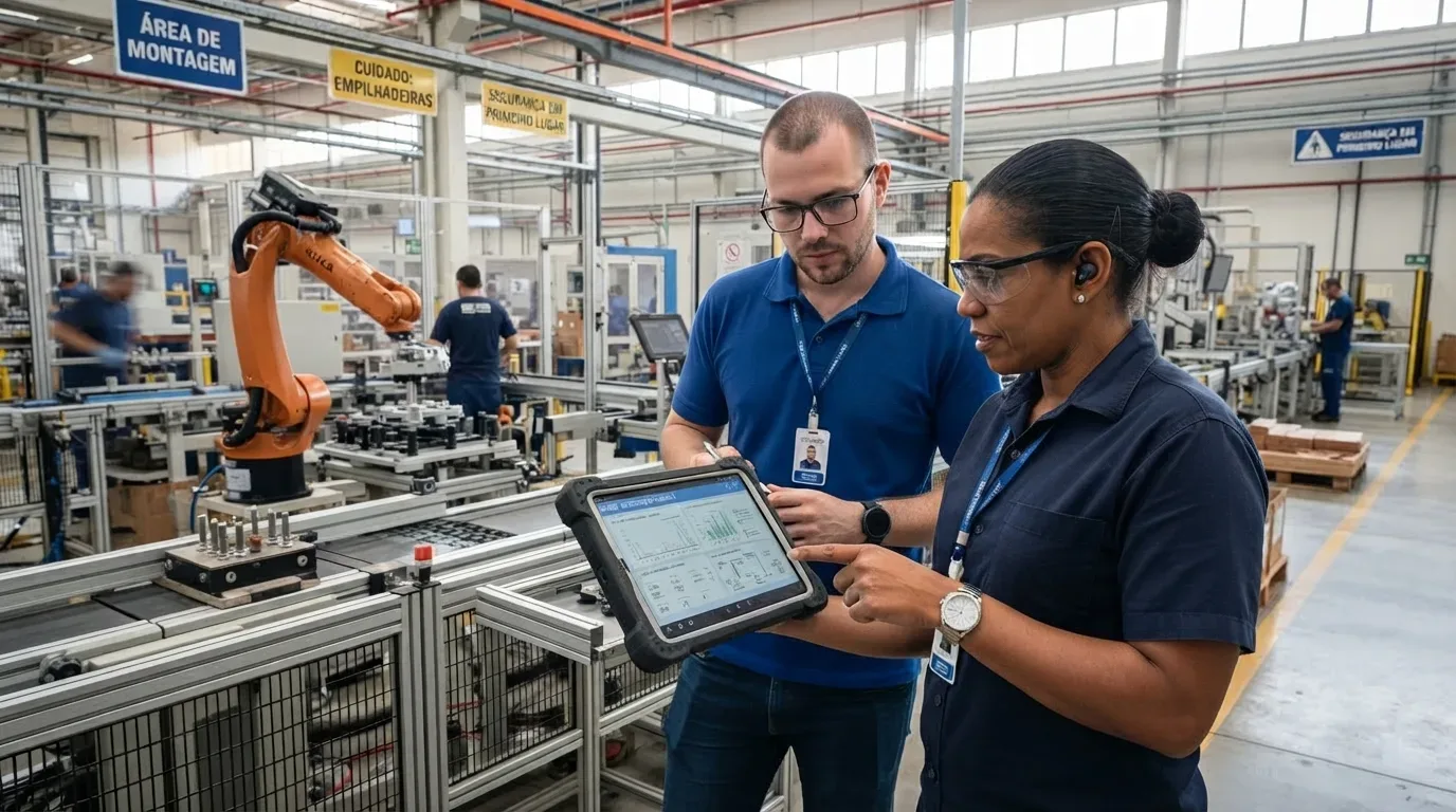 Dois especialistas de óculos de proteção analisando dados em um tablet industrial no chão de fábrica. A profissional aponta para relatórios gráficos na tela ao lado de seu colega. Ao fundo, observa-se uma célula de montagem automatizada com braço robótico KUKA e placas de sinalização como "ÁREA DE MONTAGEM" e "SEGURANÇA EM PRIMEIRO LUGAR".