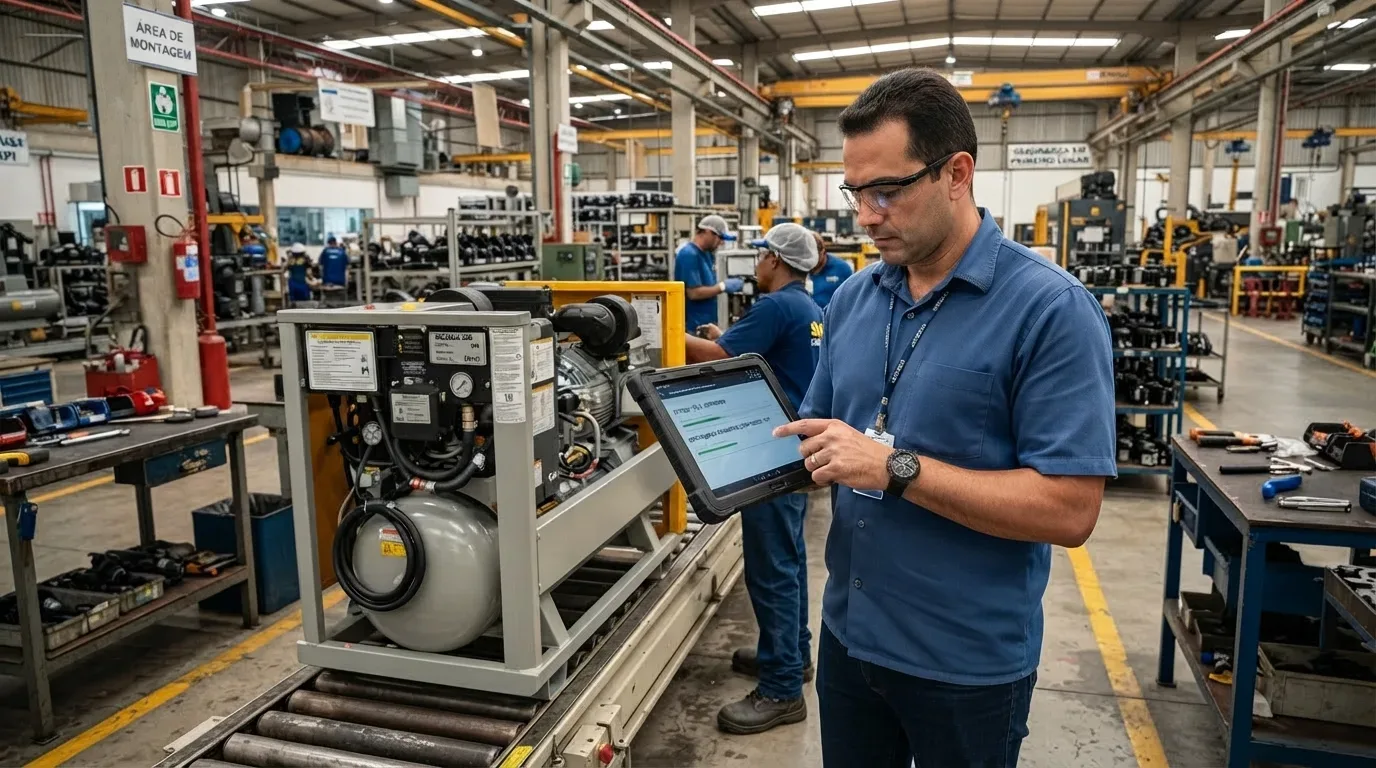 Fotografia em plano médio de um supervisor de óculos de proteção e camisa azul, operando um tablet industrial reforçado ao lado de um equipamento compressor em uma esteira de roletes. Ao fundo do chão de fábrica, observam-se operadores em trabalho e placas de sinalização como "ÁREA DE MONTAGEM" e "SEGURANÇA EM PRIMEIRO LUGAR".