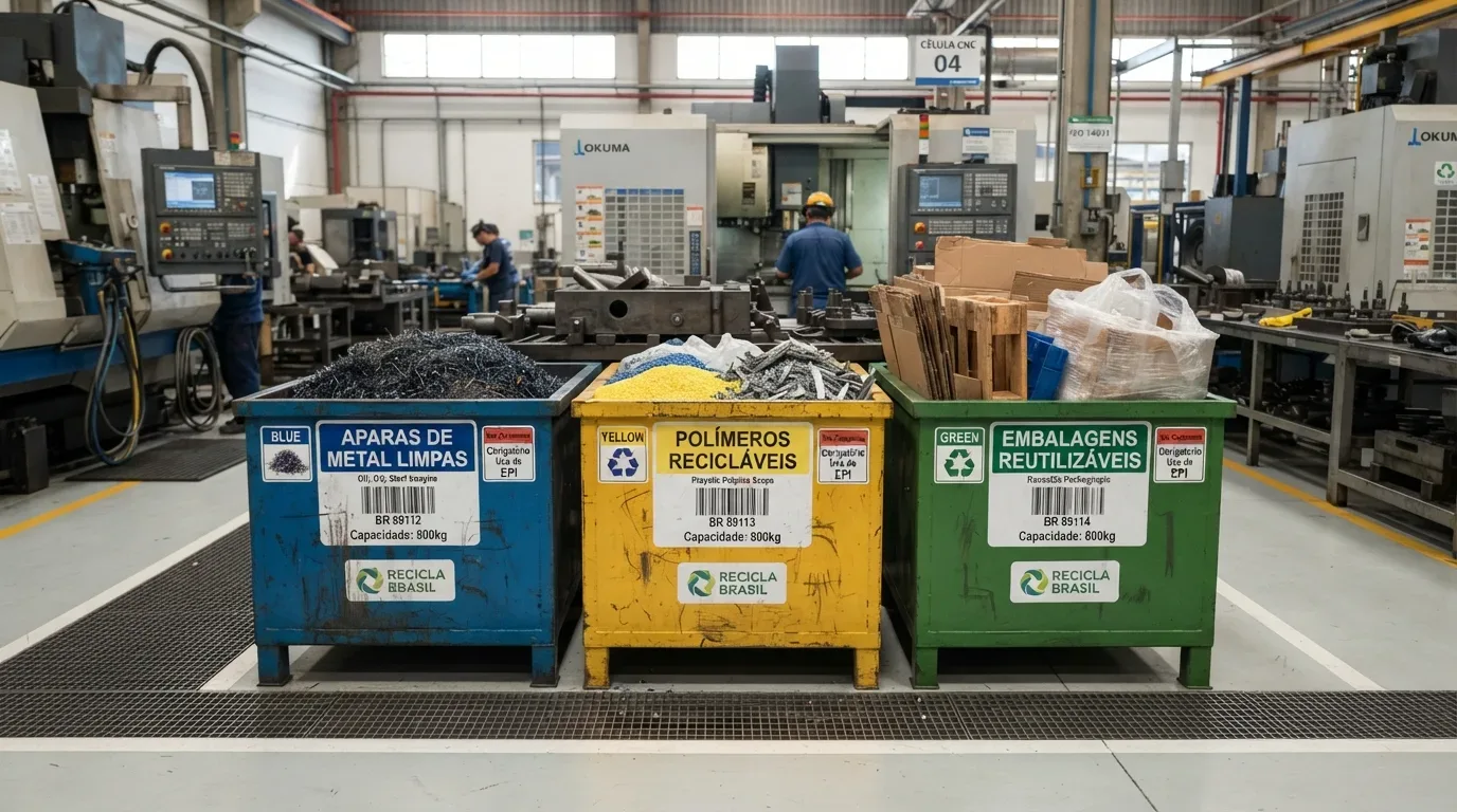 Três caçambas metálicas de coleta seletiva da RECICLA BRASIL alinhadas em uma fábrica: a caçamba azul identifica "APARAS DE METAL LIMPAS", a amarela "POLÍMEROS RECICLÁVEIS" e a verde "EMBALAGENS REUTILIZÁVEIS". Ao fundo, observam-se centros de usinagem CNC da marca Okuma instalados na "CÉLULA CNC 04" com operadores em trabalho.