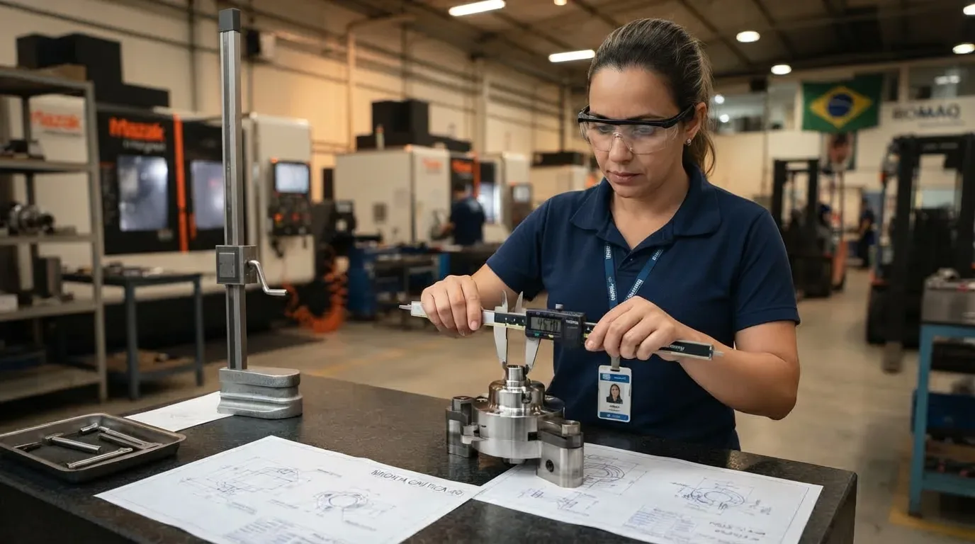 Uma inspetora de qualidade de óculos de proteção utilizando um paquímetro digital para medir com precisão as dimensões de um componente metálico. A bancada de granito contém desenhos técnicos da peça e um traçador de altura. Ao fundo desfocado, observam-se máquinas CNC industriais e a bandeira do Brasil na parede.