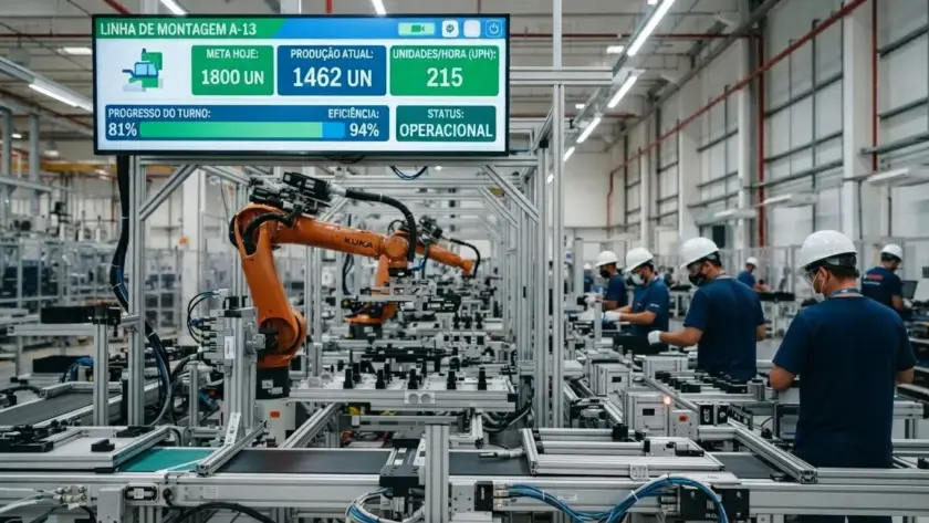 Uma visão panorâmica de uma linha de montagem automatizada em uma fábrica moderna. Vários trabalhadores em capacetes brancos e camisetas azuis estão posicionados ao longo de uma linha de transportador. Um braço robótico KUKA laranja está integrado à linha. Acima, um monitor grande exibe dados de desempenho em tempo real para a "LINHA DE MONTAGEM A-13", mostrando métricas como meta, produção atual, eficiência e status operacional.